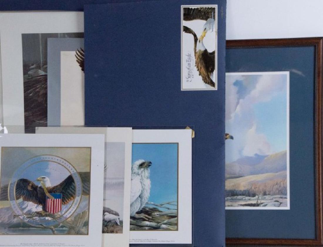 Mario Fernandez (Cuban/American, 1946-2012): Six pieces depicting eagles: 1. Framed limited edition print of an eagle in flight, signed and numbered "282/780" in pencil lower left, matted and under glass in wood frame; 28"W x 23/4"H---2. Limited
