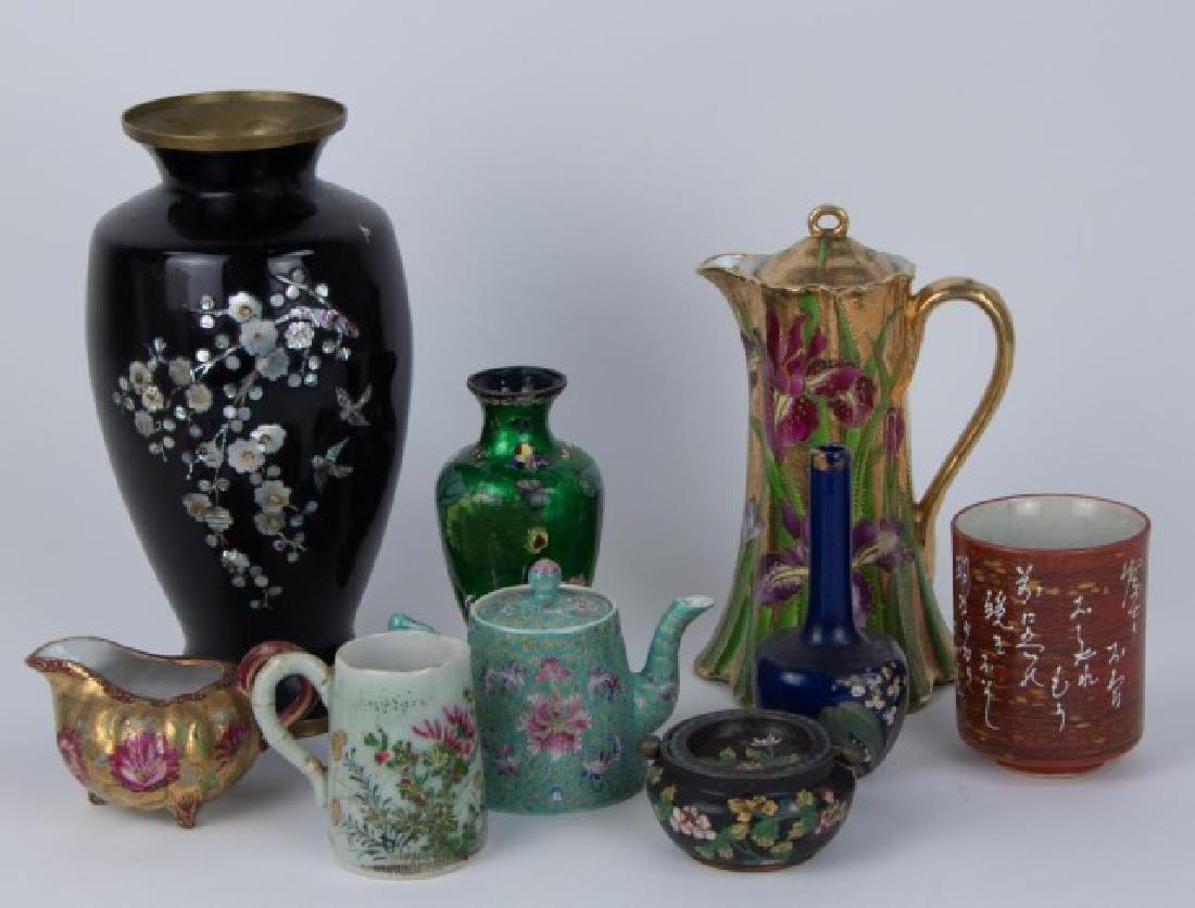 Lot of Chinese & Japanese Items: Nine items, all early to mid 20th century: 1. Porcelain footed brush pot with white calligraphy inscription, signed on back; 4 1/8"H, 3 1/8" dia.; two tight hairlines at rim---2. Famille rose teapot, 