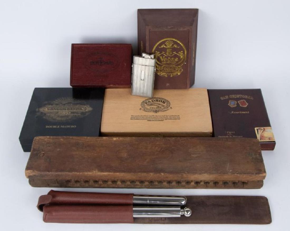 Early Wood Cigar Mold & Related Items: Early wood cigar mold; 21 3/8"L, 4 1/2"W---Stainless steel cigar holder and flask in pouch, belt loop on back; 10"L---Five wood cigar boxes including: Sancho Panza Double Maduro, Don Tomas Corojo, San