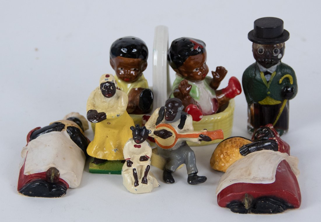 Lot of Black Americana Figural Items: 1. Painted figural glass bottle filled with creme de cocoa, depicted as gentleman wearing a hat and jacket with tails and with a cane tucked under one arm, original foil label for "Manhattan Distr. In