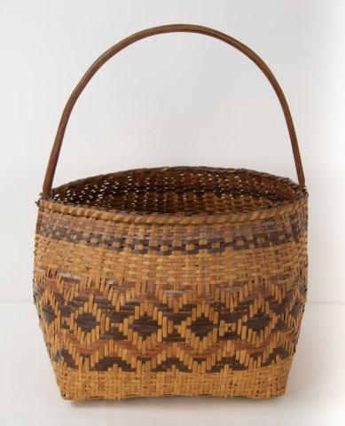 Cherokee River Cane Basket: Square-to-round design, bloodroot and walnut decoration, bentwood handle; base approx. 10" x 10", 16"H to top of handle; minor losses, old dark patina