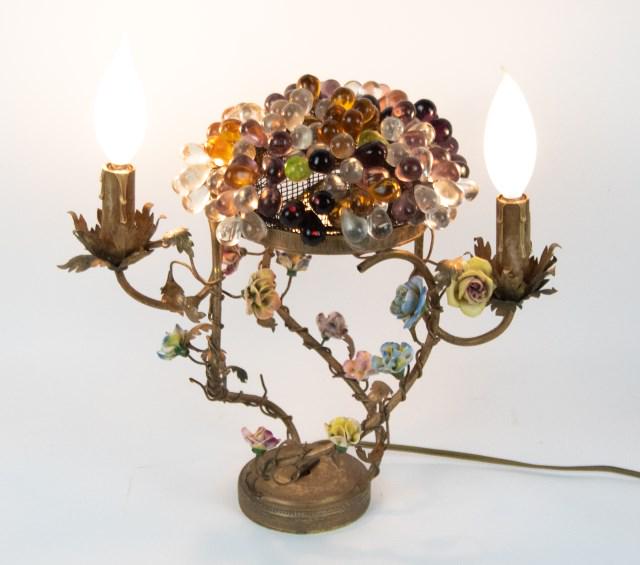 Art Deco Lamp w/ Czech Art Glass Shade: Domed top with multicolored blass beads in a berry or fruit motif, naturalistic gilt metal base entwined with leaves and multicolored flowers, two arms with candle light sockets flank a central socket