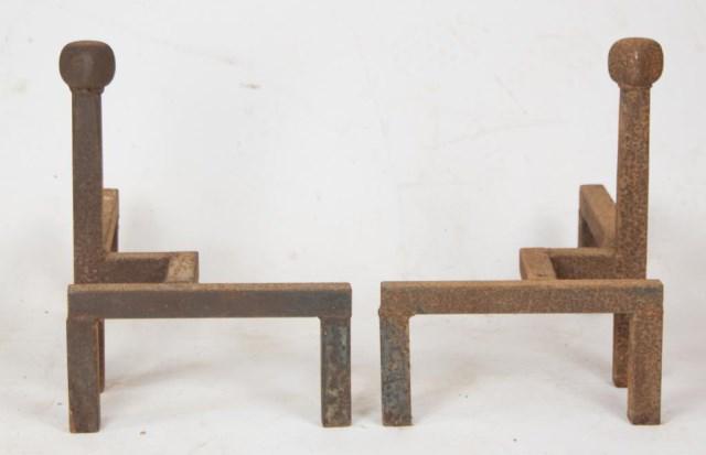 Pair of Arts & Crafts Style Andirons: Square columns with square finials, iron; each 18"D, 12"W, 16"H; corrosion