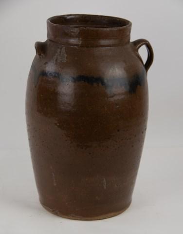 Jug Johnson, South Carolina Decorated Churn: Southern stoneware churn with one lug handle and one strap handle, brown alkaline glaze with signature cobalt band; attributed to Joseph D. "Jug" Johnson, Lanford Station, Laurens County, South Caroli