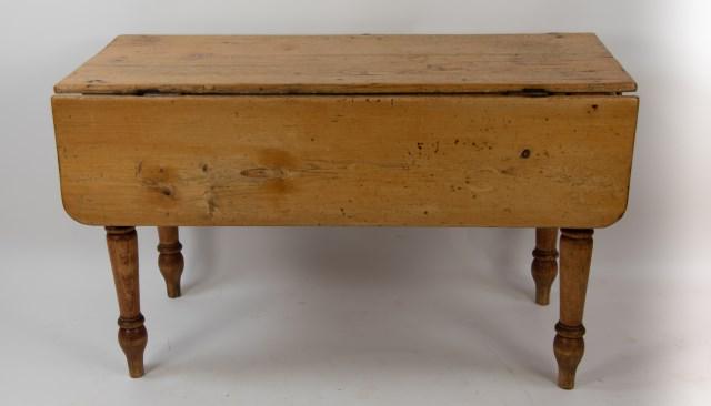 19th Century Maple Dropleaf Table: Rounded corners, turned legs; closed 21 1/4" x 46", opens to 41 5/8" x 46", 27 1/2"H; repairs, wear commensurate with age and use--- From the collection of Dr. and Mrs. James Brown, formerly of Nichol