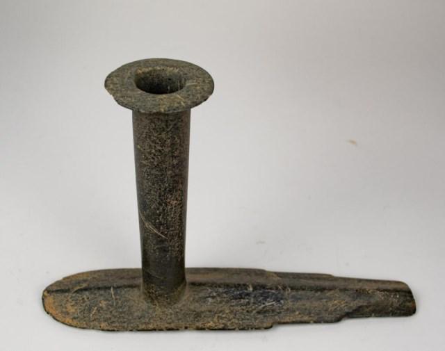 Native American Steatite Monitor Pipe: Flanged bowl rim, alate type, broken in two places and repaired; approx. 11 3/4"L, 2 1/2"W, 7 3/4"H---We appreciate the assistance of Tommy Charles, Archaeologist, in evaluating this item. Mr. Charles