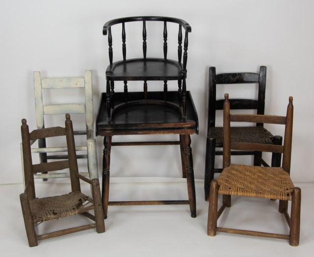 5 Children's Chairs---One Metamorphic: Child's metamorphic chair, high chair converting to low chair with table, barrel back high and low chairs; table with gallery, turned legs and stretchers; late 19th/early 20th century; high chair 17 1