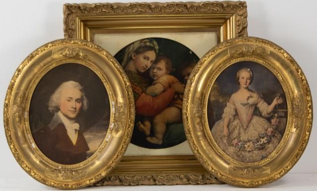 Three 19th C. Gilt and Gesso Wood Frames: Pair of 19th century gilt and gesso oval wood frames, one with lithograph portrait of John Quincy Adams, other with lithograph portrait of Madame Louise; 14 1/4"H, 12 1/4"W; rabbet 10 1/8" x 8 1/8"; b
