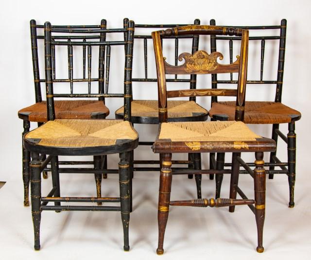 5 American Sheraton Fancy Side Chairs: 1. c. 1810, Sheraton fancy side chair, grain painted with gilt highlights and banding, crest with stenciled foliate spray, shaped middle back slat with stenciled basket of fruit, lower back slat with 