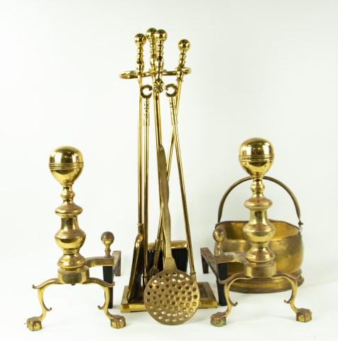 Pr. Virginia Metalcrafters Brass Andirons + Other: Pair of Virginia Metalcrafters brass cannonball andirons with spurred legs and ball feet; 9 3/4"W, 17 1/2"H, 21 1/2"L; good condition with normal signs of use and wear---Four-piece heavy brass firepla