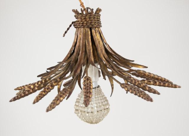 Mid 20th Century Hanging Lamp: Gilt metal wheat motif hanging lamp with beaded glass cover on single light bulb; approx. 16"W, 10 1/2"H