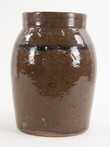 Jug Johnson, South Carolina Stoneware Churn: Small two-gallon churn, brown alkaline glaze with cobalt band, incised "2" at shoulder; attributed to Joseph D. "Jug" Johnson, Lanford Station, Laurens County, South Carolina; 12"H; missing strap hand