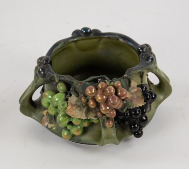 Amphora Elite Vase: Applied three-dimensional multi-colored grapes and leaves with iridescent glazes, four handles; base marked with "Amphora Elite" lozenge, impressed "Austria" within oval and impressed "3715 / 41"; app
