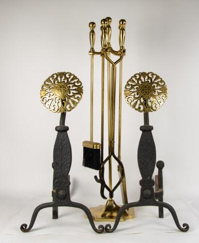 Virginia Metalcrafters Andirons, Fire Tools: 1. Pair of Virginia Metalcrafters andirons, cast iron with pierced circular brass medallion finials, Model 10-18; 21 1/2"H, 19"D, 12"W---2. Set of four brass fire tools in stand, unmarked; stand 33"H