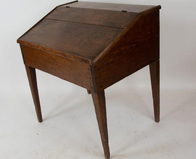 19th Century Pine Slant-Front Country Desk: Hinged slant front top, square tapered legs, nailed construction; 35 3/4"H, 33"W, 24 1/2"D; replaced hinges---From the collection of Dr. and Mrs. James Brown, formerly of Nicholls-Crook Plantation, Wo
