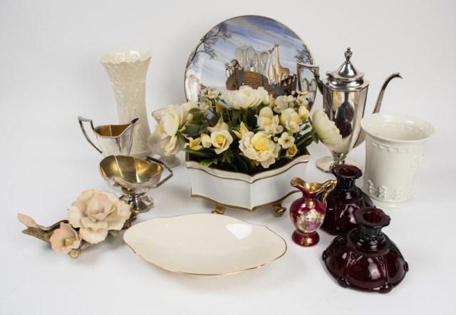 Jane Hutcheson Gorham Flower, Porcelains, Other: 1. "Jardins de Verre" flower arrangement in footed white and gilt porcelain container, designed by Jane Hutcheson for Gorham; 12 1/2"W x 8 1/4"D, 7 3/4"H; numerous leaves are off but mostly present, p