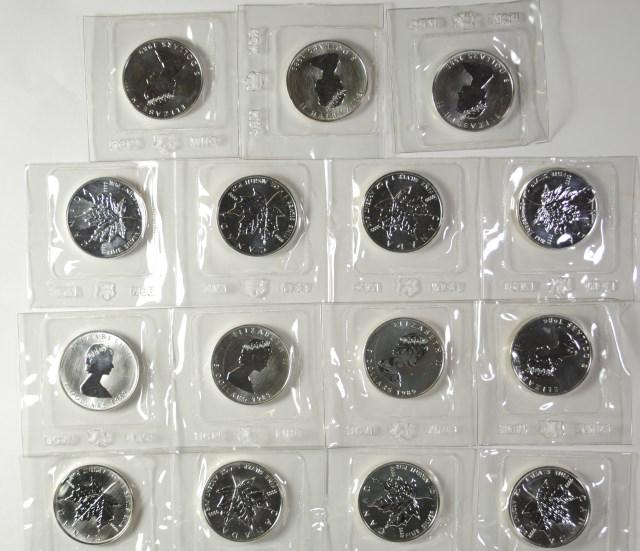 15 - 1989 Silver Maple Leaves: 15 - 1989 Silver Maple Leaves. Each coin is 1ozt of fine silver in selaed Royal Canadian Mint clear plastic sleeves.. ref: 100