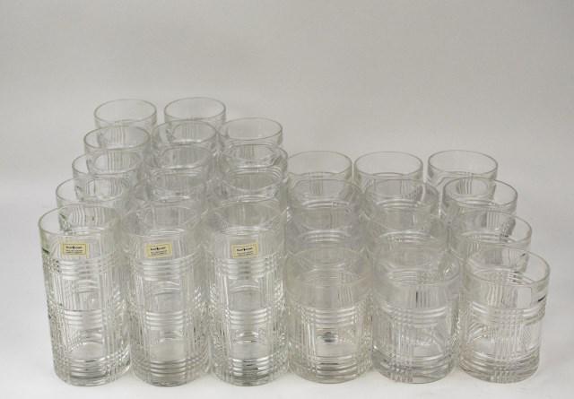 26 Ralph Lauren Glen Plaid Lead Crystal Glasses: Includes: Fourteen (14) 6 1/4"H highball glasses and twelve (12) 4 1/4"H old fashioned glasses---one highball with scratch on interior of rim, one old fashioned with 1/2" crack to rim (Ref. 3)