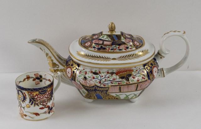 Early 19th C. Imari Derby Porcelain Teapot & Cup: British, first quarter 19th century, each having red painted mark with crown above crossed batons and "D" below: 1. Teapot and lid with rich Imari decoration and gilt highlights; 11 1/2"L, 5 5/8"H; go