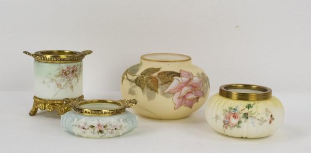 4 Wave Crest, Mt. Washington, Smith Bros. Glass: 1. Wave Crest cigar jar with enameled floral decoration; ornate gilt metal rim, handles and footed base; base with red C. F. Monroe Co. Wave Crest mark; 4 1/8"W, 3 7/8"H---2. Wave Crest jewelry or pin