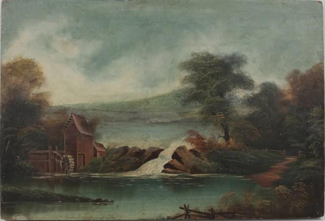 19th Century Landscape with Watermill and Dam: Oil on wood panel, river landscape with watermill and dam, small village visible in the distance across the river, verso with old Skinner auction labels; 24"W x 16 1/4"H, 1 1/2" deep
