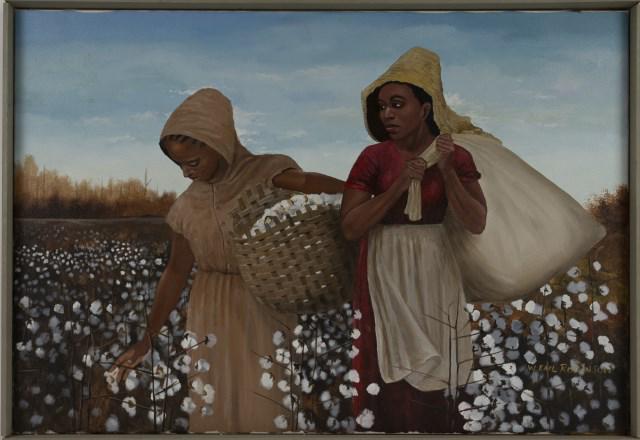 W. Earl Robinson (Mississippi, b. 1950): Oil on canvas depicting two females picking cotton, signed lower right "W. Earl Robinson" (Clarksdale, Mississippi, born 1950); wood frame; 28 1/2"W x 19 3/4"H; frame 29 1/4"W x 20 1/2"H; good conditi