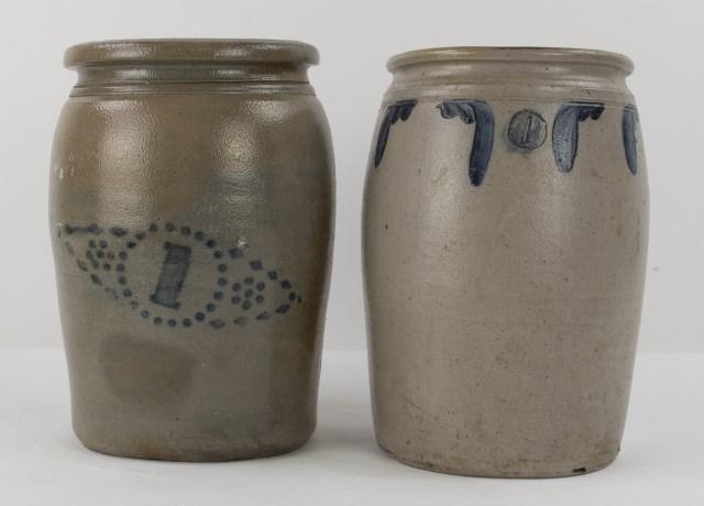 Two 19th C. Cobalt Decorated Stoneware Jars: 1. One-gallon stoneware jar, cylindrical with semi-rounded rim and tooled shoulder, cobalt decorated with stenciled geometric motifs at center and "1" capacity; 9 3/4"H; interior rim chip---2. One-gal