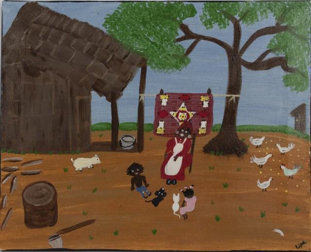 Signed Southern Folk Art Painting: Acrylic on canvas; depicting a rural yard scene with a woman sitting in a chair surrounded by children, dog, cat, pig and chickens; signed lower right "Lipe" and signed verso on canvas "R Lipe 04"; 20