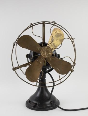 General Electric Fan w/ Brass Blades & Cage: Early 20th century General Electric fan, Model NP6252, No. 610382, Volts 110, Cycles 60, alternating current fan motor, three speeds, with brass cage and blades, iron base; 12 inches blade to blade; c