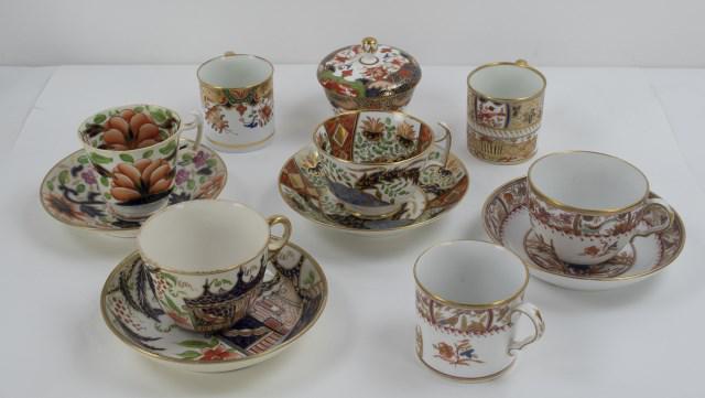 13 Pcs. English Imari Porcelain: 19th century, all with gilt rims and accents: 1. Minton cup and saucer, c. 1805-1806, mark on base of each piece in overglaze blue and "M / 519"---2. Spode "Burning Bush" cup and saucer, c. 1805-1815,