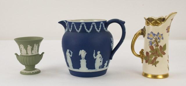 Royal Worcester Ewer & 2 Pcs. Wedgwood: 1. Late 19th century Royal Worcester ewer, cream colored porcelain decorated with hand painted floral sprigs, gilt accents and handle; Royal Worcester marks to base along with retailer mark for Mermod