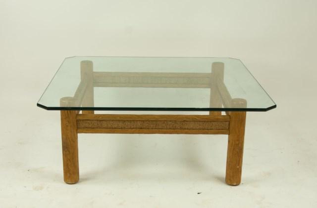 Glass Top Coffee Table: Square glass top with canted corners, base constructed of a composite resembling cactus wood; 42" x 42", 17"H; good condition (Ref. 122)