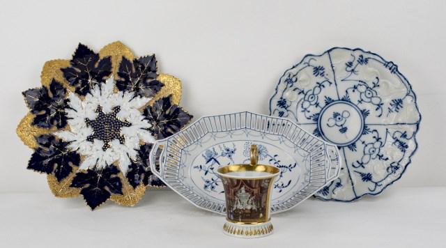 4 Pcs. Meissen, KPM Lithophane Cup & Other: 1. Late 19th century German Meissen plate, formed as three bands of leaves having a gilt leaf ring alternating with a cobalt blue leaf ring above a ring of white leaves, cobalt blue shaped center deco