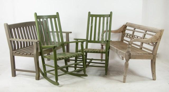 2 Wooden Benches, 2 Porch Rockers: Two wooden benches; one 54 1/2"W, 32 1/2"H, 22 1/2"D, seat 18"H; one 51"W, 36"H, 25"D, seat 18"H; normal signs of wear and use---Pair of painted green wood porch rockers; 24 3/4"W, 41 1/2"H, 30 3/4"D,