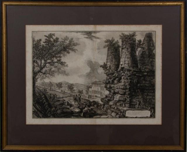 Giovanni Battista Piranesi (Italian, 1720-1778): Etching "Sepolcro detto falsamente degli Orazi, e Curiazi . . . ", from the series "Antichita d'Albano e di Castel Gandolfo", matted just outside of plate marks and under glass in painted gilt and bla