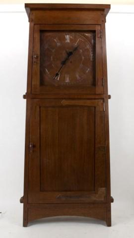 Stickley Audi Grove Park Inn Roycroft Clock: Arts & Crafts style oak clock designed after the Roycroft grandfather clock in the Grove Park Inn, Asheville, North Carolina; hand hammered copper dial measuring seconds, minutes and hours; hand hamme
