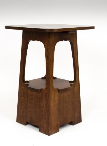 Stickley Audi Arts & Crafts Style Oak Pedestal: No. 89-240, oak Limbert pedestal, square top with rounded corners over pedestal base having dramatic cutouts on all four sides, branded mark and metal tag; 20" x 20", 29"H; good condition with minor a
