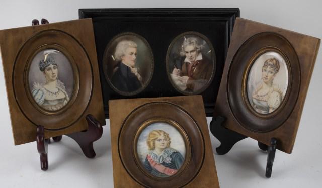 5 Signed Continental School Miniature Portraits: Three framed en suite in wood frames with brass liners; oval portraits approx. 2 1/2"W x 3 1/4"H; frames approx. 5"W x 6"H; one depicting woman wearing a jeweled crown and necklace, signed lower right