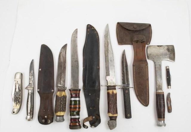 Lot of Vintage Knives & Hatchet: Includes eight items: 1. G.C. Co. 381 Japan "Tennessee Toothpick" fixed blade knife, stag handle and Native American head pommel, in leather sheath; 13 1/2"L; one metal brad missing on sheath---2. Rob