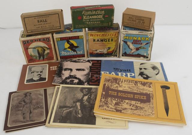 Vintage Ammo Boxes, Colt's Firearms Books: Seven ammunition boxes: Winchester Ranger Loaded Shot Shells (empty), Red Head Shot Shells (empty), Mallard Shotgun Shells (empty), Monark Shot Shells (empty), Remington Kleanbore 30-30 Winchester Exp