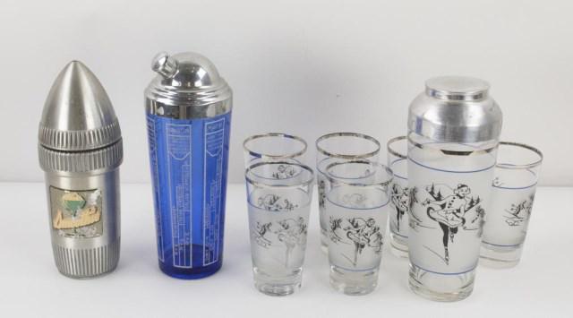 Vintage Cocktail Shakers & Glasses, Smoothie: 1. Cobalt glass cocktail shaker, recipes for seven different drinks on sides of shaker; 10 1/8"H---2. "St. Moritz" cocktail shaker and six matching tumblers, all decorated with frosted glass band depi