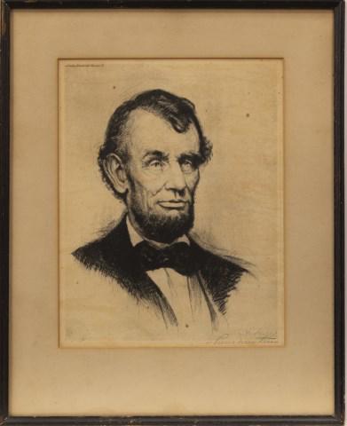 Josef Pierre Nuyttens (ILL/NY/Belgium, 1885-1960): Signed etching depicting a head and shoulders portrait of Abraham Lincoln, signed in pencil lower right "Pierre Nuyttens", printed in script in upper left corner "Lincoln National Life Insurance Co.",