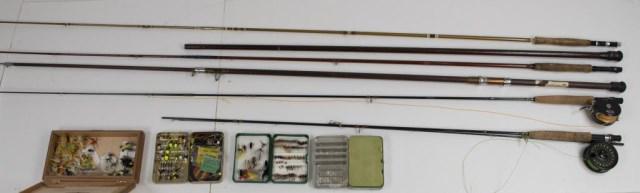 Lot of Fly Fishing Rods, Reels, Flies: Including: Courtland RimFly reel on Pflueger Purist PP8556 #5 fly line---Shakespeare Tru-Art Automatic #1827 Model EC on Pflueger Purist PP8556 #5 fly line---Royal Lancer #12 rod---Unmarked telescopic