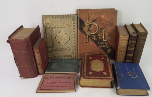 Grouping of Eleven Early Books: 1. "The Poetical Works of William Cowper", edited by Rev. H. F. Cary; London: William Smith, 1839; leather binding with elaborate gilt decorations to front and back, gilt lettering to spine; good cond