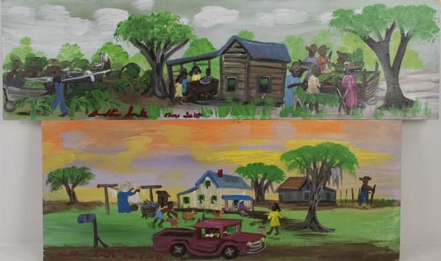Geraldine Smith (South Carolina, 20th/21st C.): Two acrylic on boards by Geraldine Smith, a self-taught, African-American Southern folk artist: 1. Depicting figures with a horse and cart at left, children playing in a wagon at center and figures so