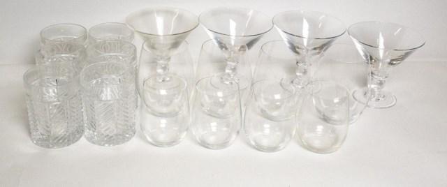 Simon Pearce, Ralph Lauren, Riedel Barware Glass: 1. Set of four Simon Pierce martini glasses; 5 1/4" dia., 4 7/8"H---2. Set of six Ralph Lauren old-fashioned glasses in the Herringbone pattern; 4 1/8"H---3. Set of eight Riedel stemless wine glasses 