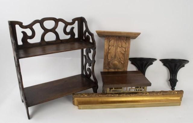 Group of 6 Wall Brackets & Shelves: 1. Neoclassical style carved wood wall bracket with acanthus leaf supporting a rectangular shelf, late 20th century; 9 5/8"W, 5 1/8"D, 13 1/2"H---2. Pair of cast metal neoclassical style wall bracket 
