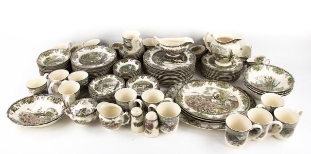 136 Pcs. Johnson Bros. "Friendly Village": Dinner service by Johnson Bros., England, in "The Friendly Village" pattern; includes: Twelve 9 3/4" plates, twelve 7 3/4" salad plates, twelve 8 5/8" soup bowls, twenty-four 5" dessert or fruit bowls