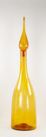 Monumental 44" Blenko Glass Floor Decanter: Large amber optic glass floor decanter with original stopper, rough pontil mark, attributed to Blenko Glass Co.; 44" HOA, base dia. 10 1/4"; good condition (Ref. 8)