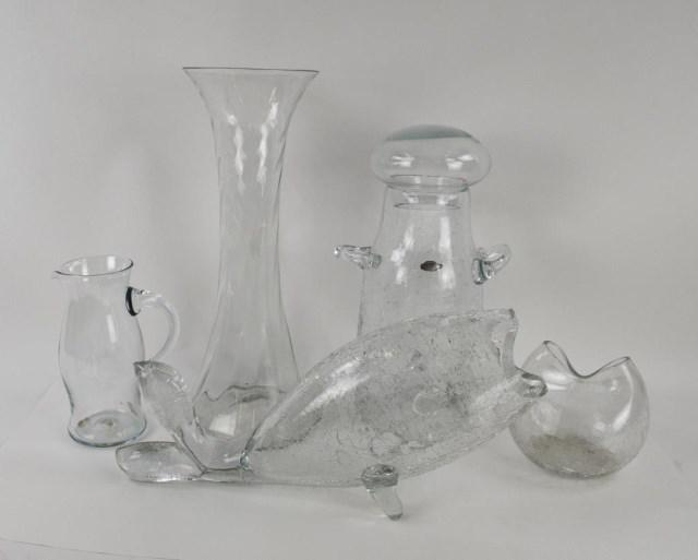 Lot of Clear & Clear Crackle Blenko Glass: 1. Clear crackle glass tall jar with applied double swirl handles and a clear glass dome stopper, designed by John Nickerson, with Blenko foil label; approx. 17"H overall---2. Clear crackle glass fish